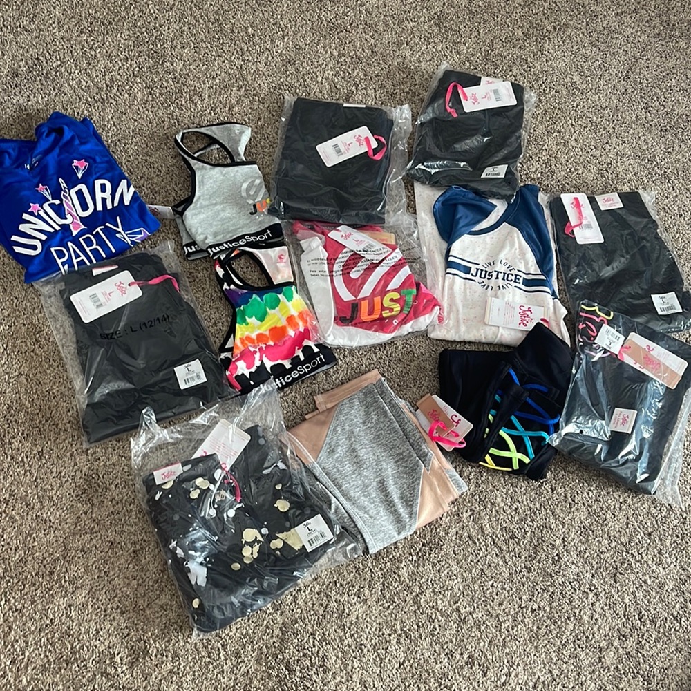 Lot of girls Justice clothing, 8 leggings, 3 shirts (2 without tags) and 2 bras.